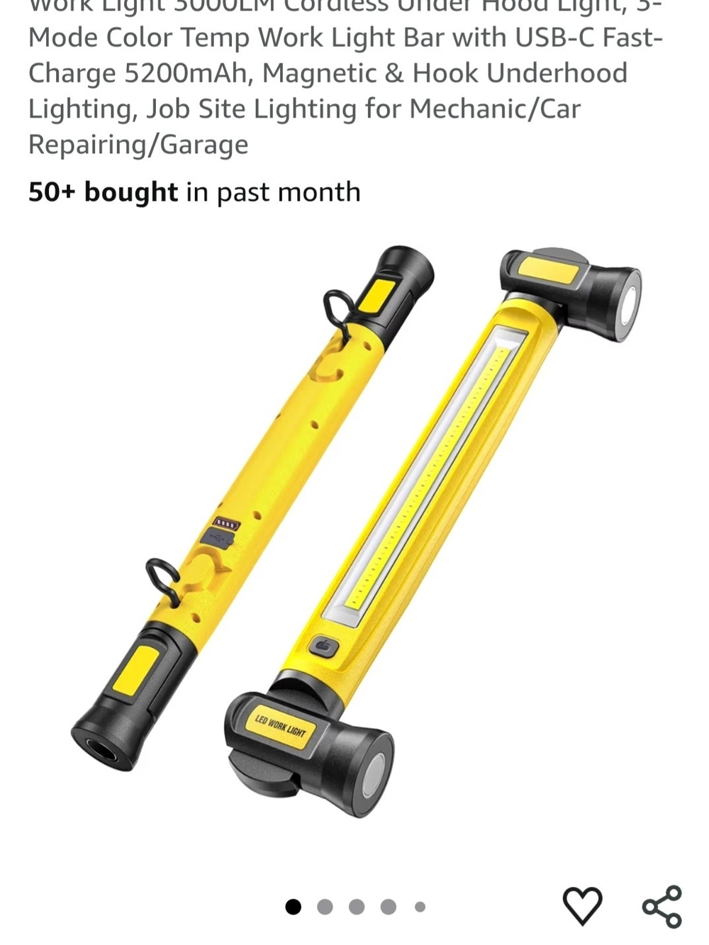 Yellow LED Work Light Bar - Magnetic Hook Portable Rechargeable